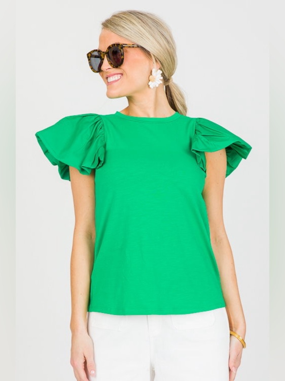 Lilly Pulitzer Ana Ruffle Short Sleeve Poplin Bouse Button Back Top